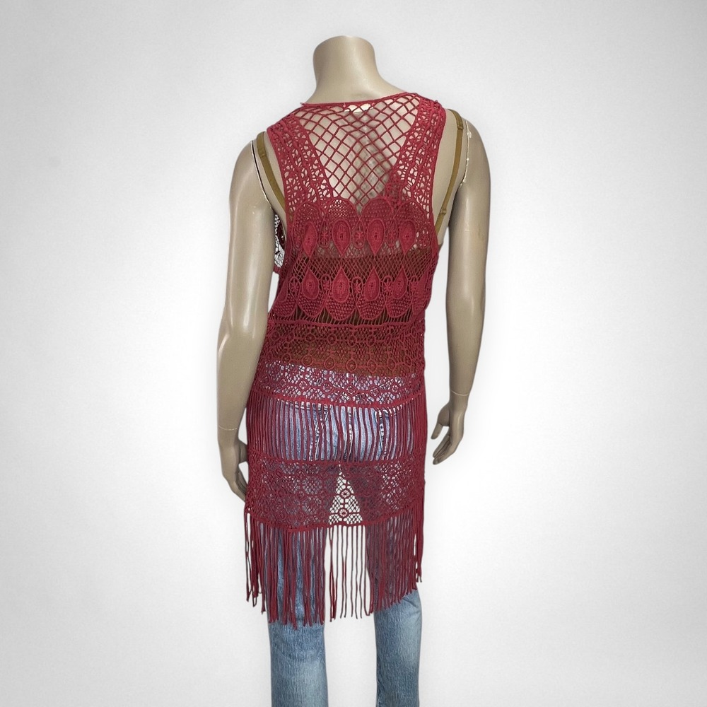 GARAGE Rust Crochet Fringe Duster Vest Boho Open Knit Long Cardigan Festival m/l - Picture 3 of 6
